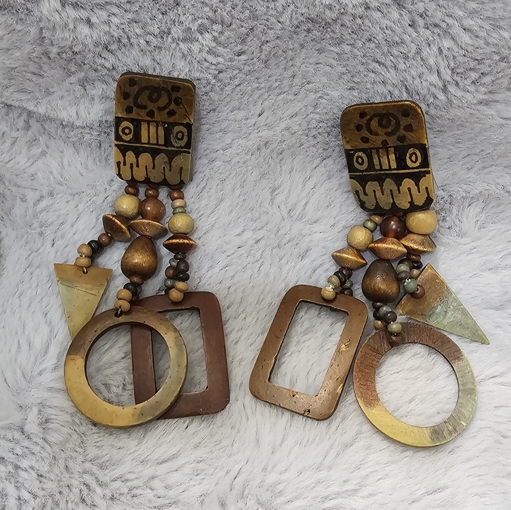 Wood Earrings with Geometric Fringe